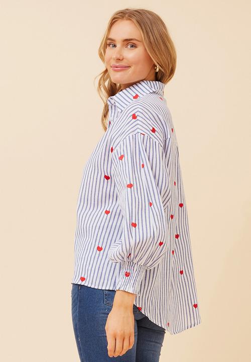 MANDI - 3/4 Sleeve With Smocking Button Through Stripe Shirt With All Over Heart Embroidery  - Blue