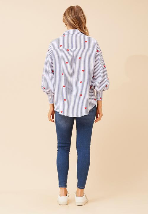 MANDI - 3/4 Sleeve With Smocking Button Through Stripe Shirt With All Over Heart Embroidery  - Blue
