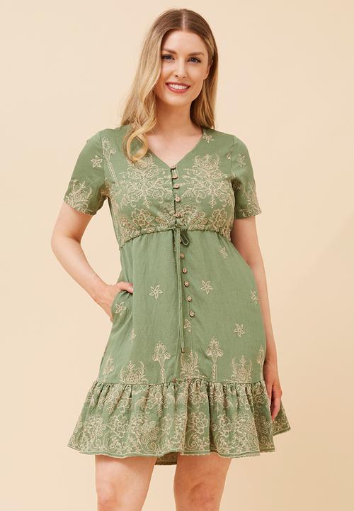 MANDI - S/S V-Neck Embroidered Midi Dress With Waist Tie - Green