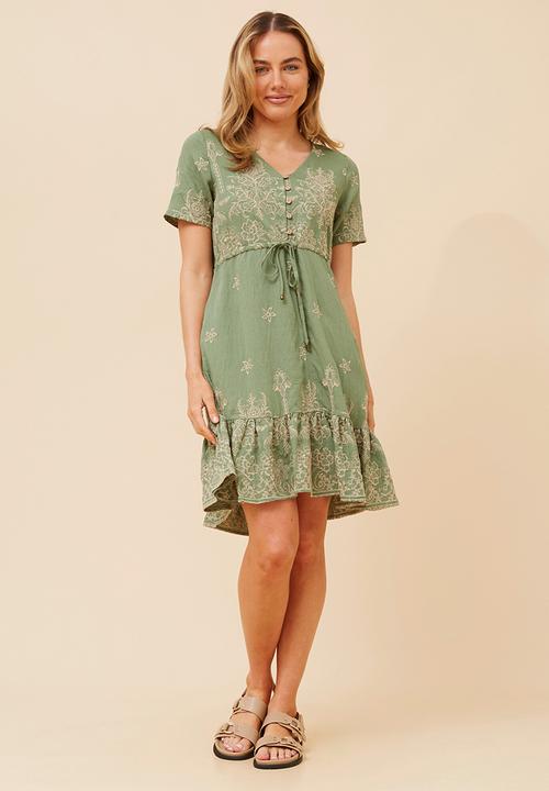 MANDI - S/S V-Neck Embroidered Midi Dress With Waist Tie - Green