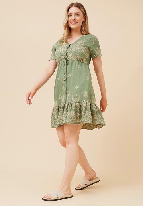 MANDI - S/S V-Neck Embroidered Midi Dress With Waist Tie - Green