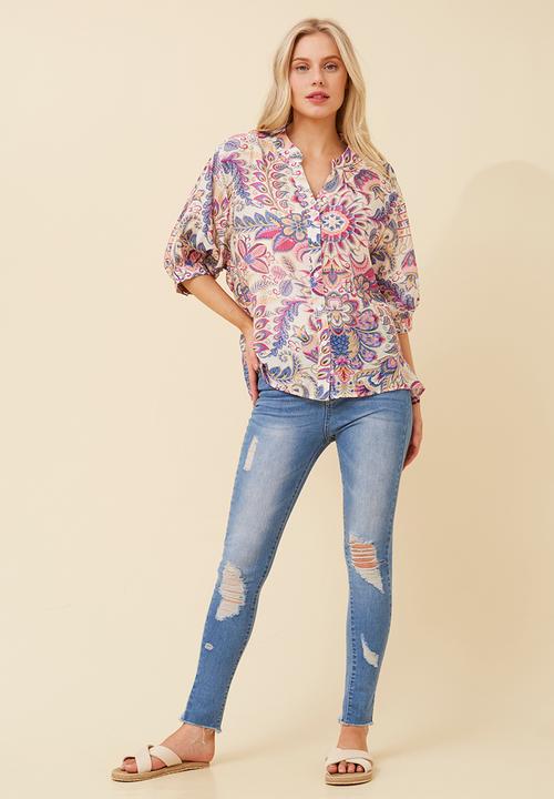 MANDI - Half Sleeve Easy Wearing Batwing Sheer Blouse - Fuchsia
