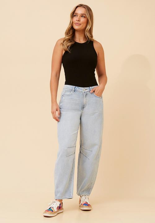 MANDI - High Waist Barrel Denim Jean With Laid On Panels In Front - Light Denim