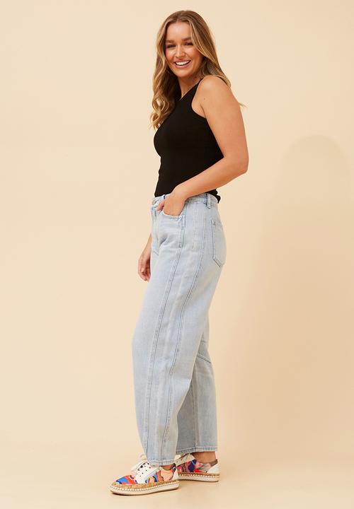 MANDI - High Waist Barrel Denim Jean With Laid On Panels In Front - Light Denim