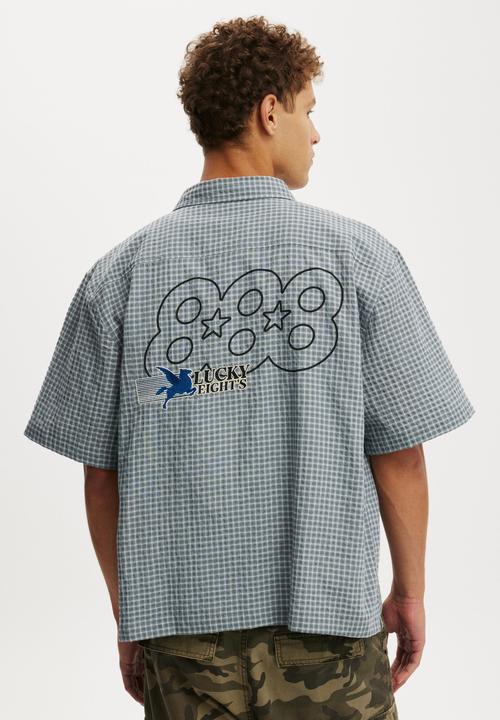 Cotton On - Lucky Short Sleeve Shirt - Blue Check/Lucky 888