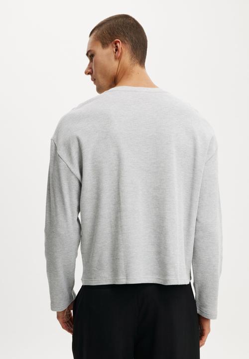 Cotton On - Relaxed Fit Textured Henley Long Sleeve - Grey Marle Waffle