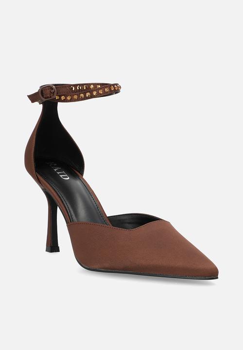 Raid London - Etanah stiletto ankle strap heel - brown satin