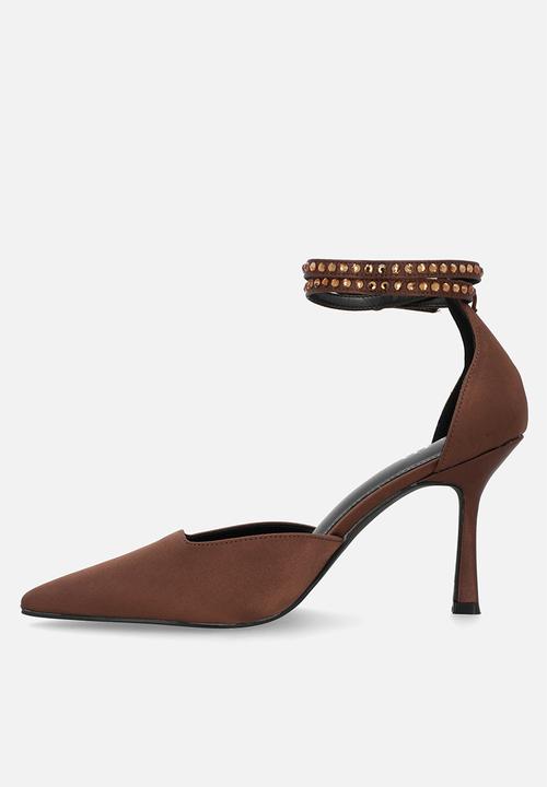 Raid London - Etanah stiletto ankle strap heel - brown satin