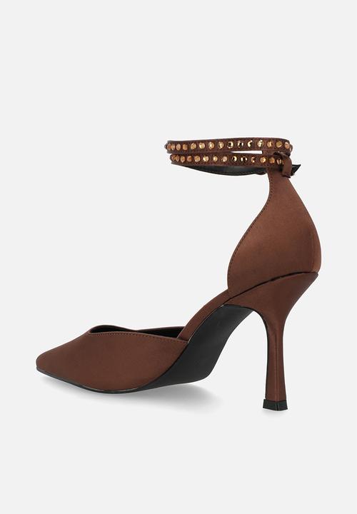 Raid London - Etanah stiletto ankle strap heel - brown satin