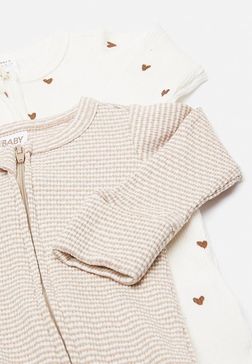 Cotton On - Organic Pointelle Long Sleeve Bubbysuit -  Latte Cream/Finley Stripe