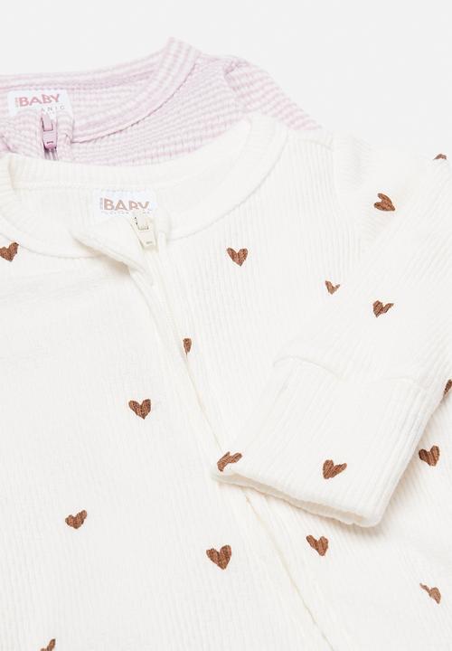 Cotton On - Organic Pointelle Long Sleeve Bubbysuit -  Thistle/Finley Stripe & Milk hearts
