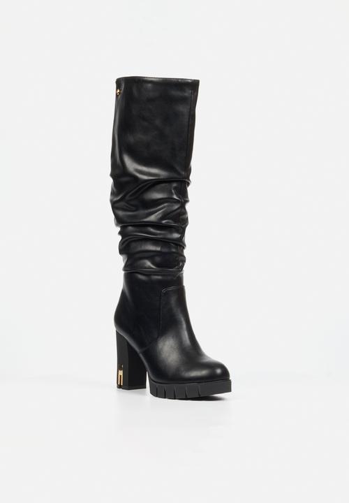 Miss Black - Darling 12 ruched platform block heel long boot - black
