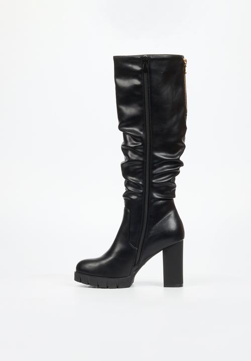 Miss Black - Darling 12 ruched platform block heel long boot - black