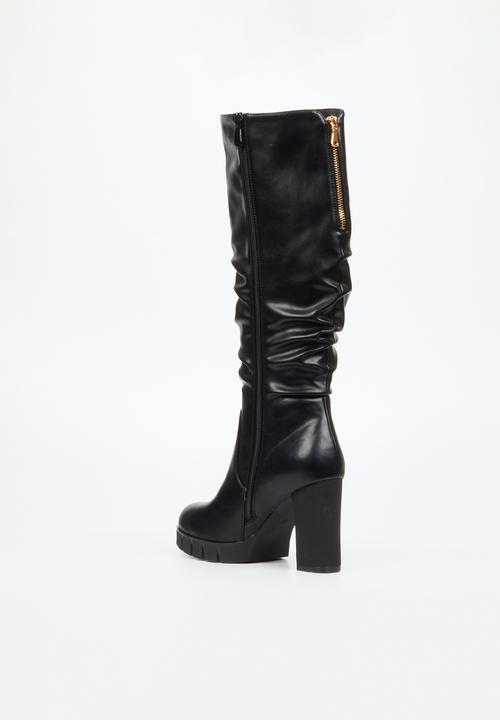 Miss Black - Darling 12 ruched platform block heel long boot - black