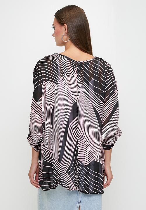 Izabel London - Loose Fitting Batwing Stripe Blouse - Multi Pink