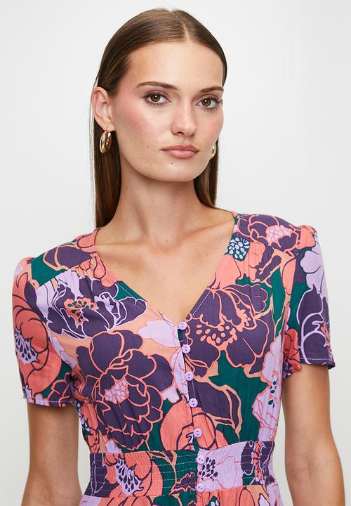 Izabel London - S/S Sleeve V-Neck Button Through Maxi Full Circle Dress With Side Pockets - Multi Purple