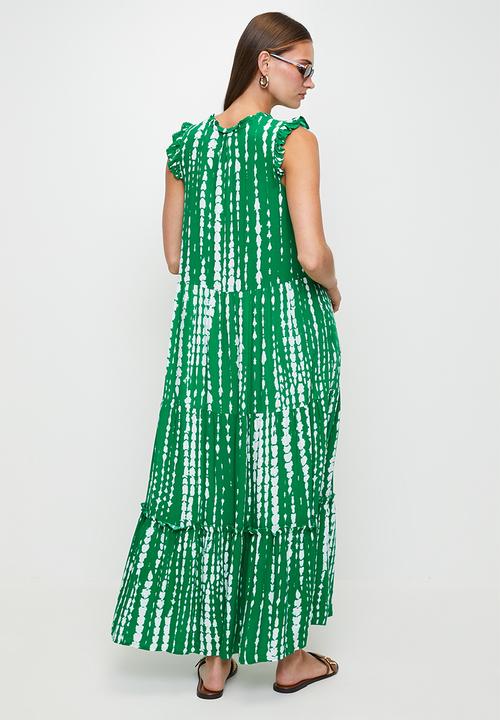 Izabel London - S/Less Woth Flutter Maxi Tiered Dress Button Through - Green