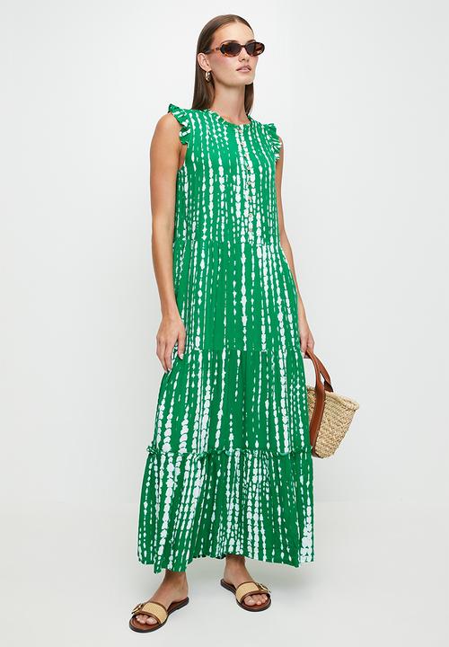 Izabel London - S/Less Woth Flutter Maxi Tiered Dress Button Through - Green