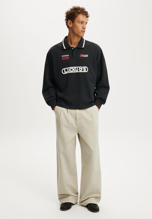 Cotton On - Cropped Fit Graphic Fleece Polo - Washed Black