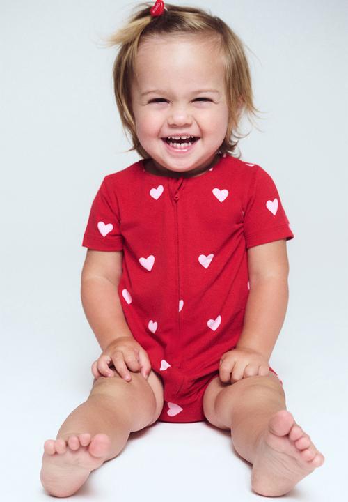 Cotton On - The Short Sleeve Zip Romper -  Varsity Red/Love Hearts