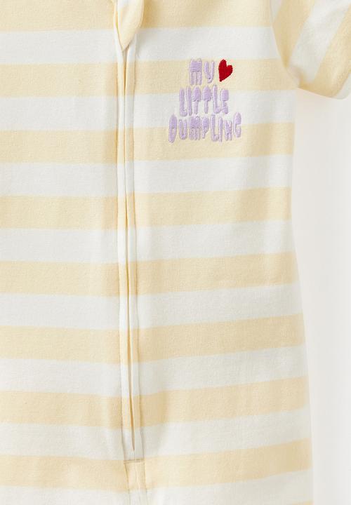 Cotton On - The Short Sleeve Zip Romper -  Lemon Squash Stripe/My Little Dumpling