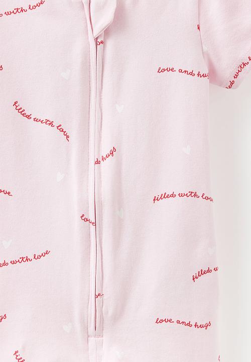 Cotton On - The Short Sleeve Zip Romper -  Tea Party Pink/Love & Hugs