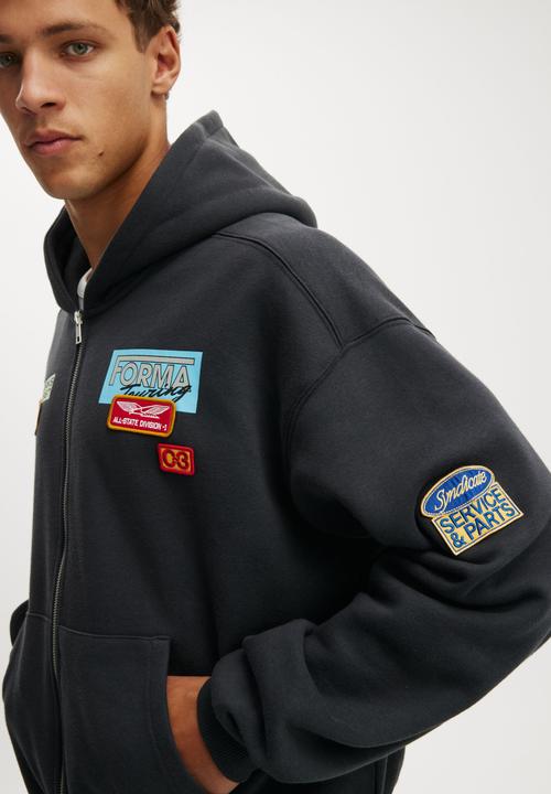 Cropped Zip Up Graphic Hoodie - Washed Black/ Skyworks