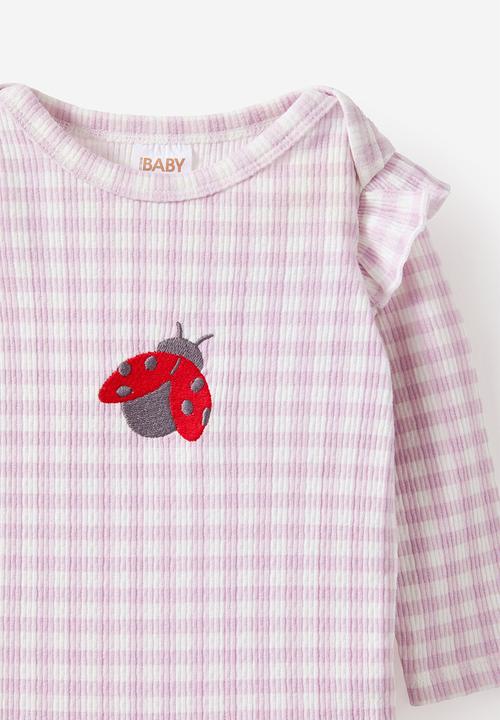 Cotton On - Organic Pointelle Long Sleeve Bubbysuit - Thistle/Lady Bug Gingham