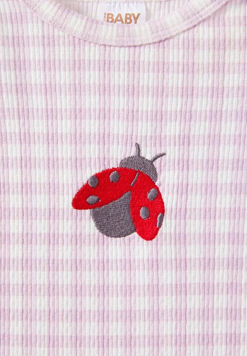 Cotton On - Organic Pointelle Long Sleeve Bubbysuit - Thistle/Lady Bug Gingham