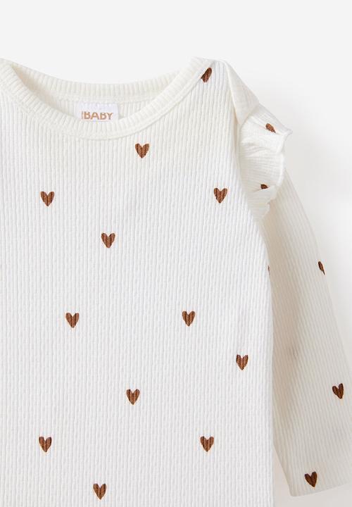 Cotton On - Organic Pointelle Long Sleeve Bubbysuit - Milk/Heart