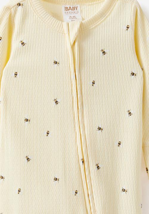 Cotton On - Organic Pointelle Long Sleeve Bubbysuit - Lemon Squash/Honey Bees