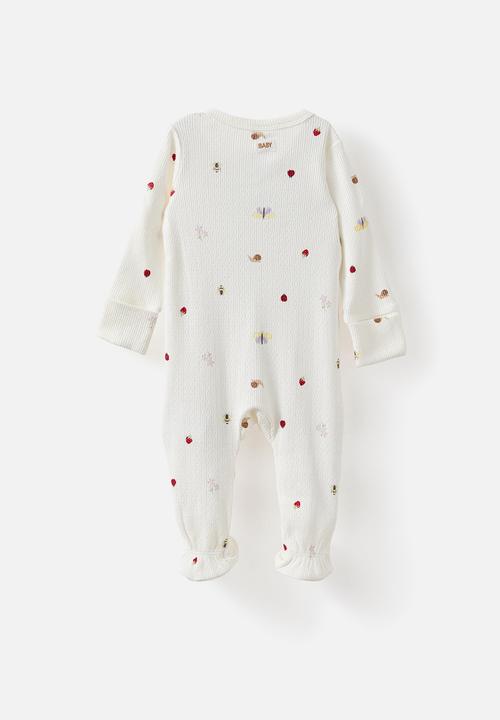 Cotton On - Organic Pointelle Long Sleeve Bubbysuit - Milk/Forst Floor Friends