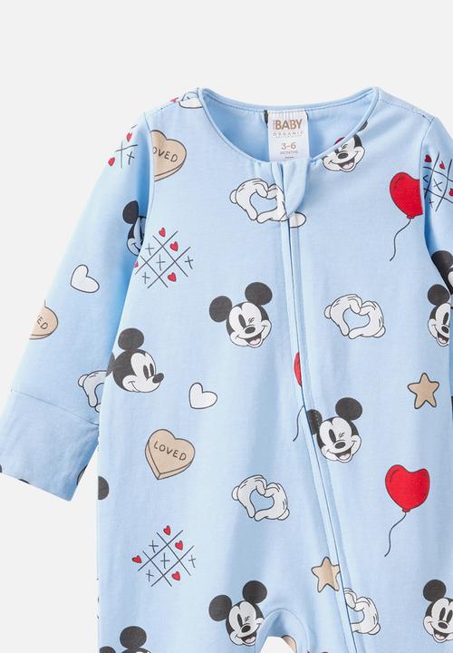 Cotton On - The Long Sleeve Zip Romper License - Lcn Dis Dawn Blue/Mickey Love