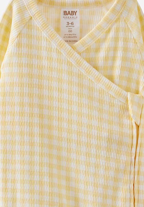 Cotton On - Organic Pointelle Wrap Zip Romper - Lemon Squash/Gingham