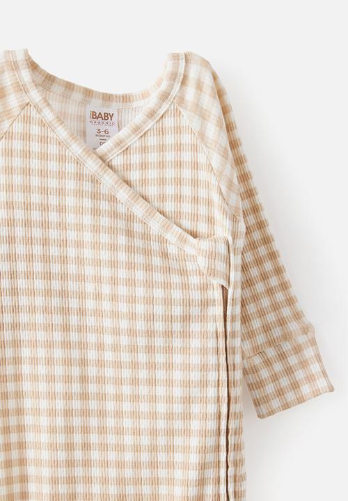 Cotton On - Organic Pointelle Wrap Zip Romper - Latte Cream/Gingham
