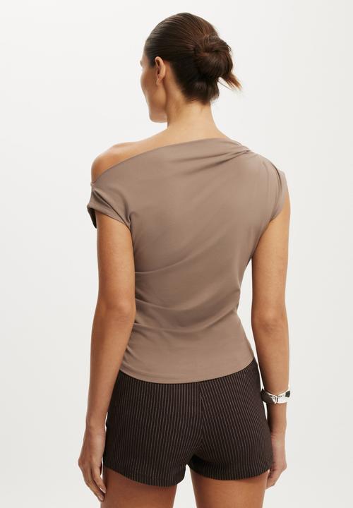 Cotton On - Georgie off shoulder belt short sleeve - washed mocha