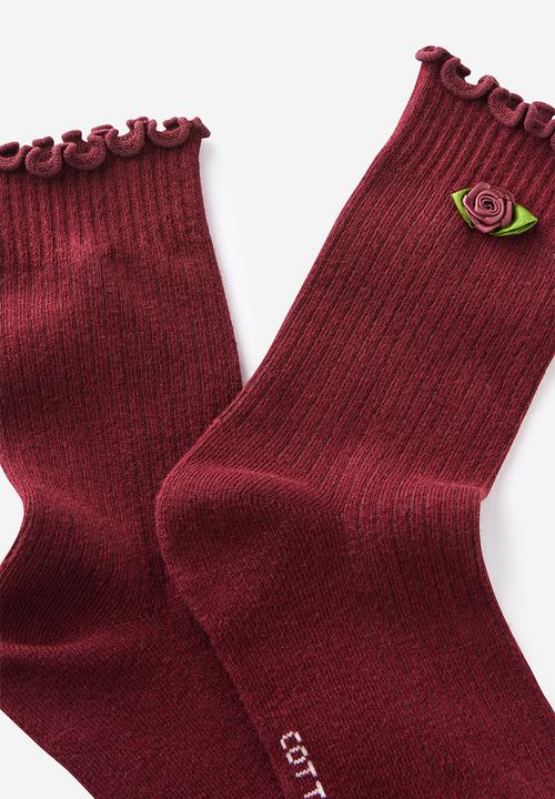 Cotton On - Rosette frill ribbed crew sock - sour cherry