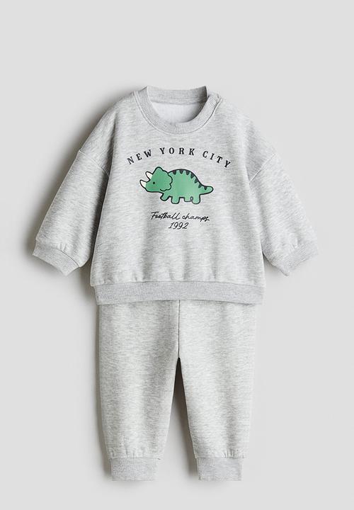 H&M - 2-Piece printed brushed-inside sweatshirt set - light grey marl/new yo