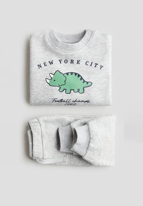 H&M - 2-Piece printed brushed-inside sweatshirt set - light grey marl/new yo