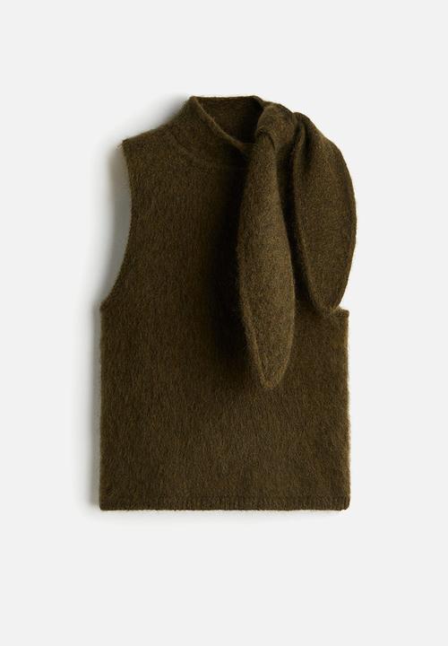 H&M - Mohair-blend scarf-collar top - dark khaki green