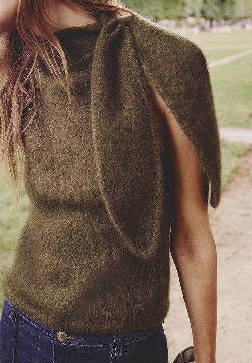 H&M - Mohair-blend scarf-collar top - dark khaki green