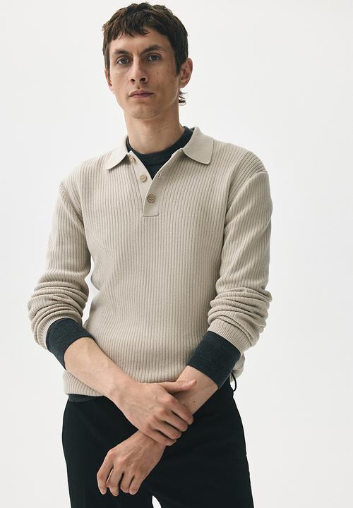 Slim fit rib-knit polo shirt - light beige - 1288143001