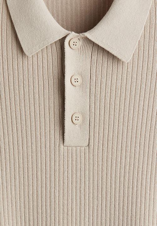 H&M - Slim fit rib-knit polo shirt - light beige
