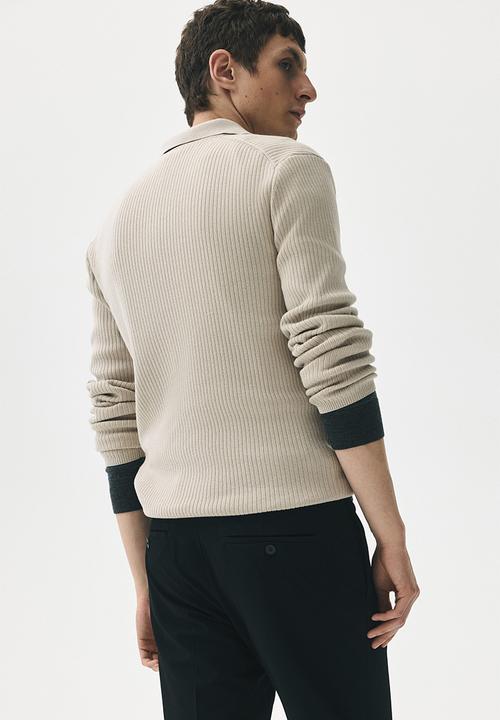 H&M - Slim fit rib-knit polo shirt - light beige