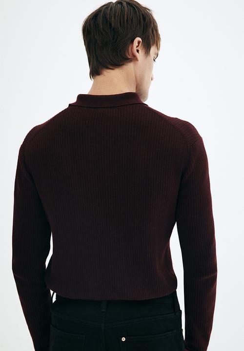 H&M - Slim fit rib-knit polo shirt - dark burgundy