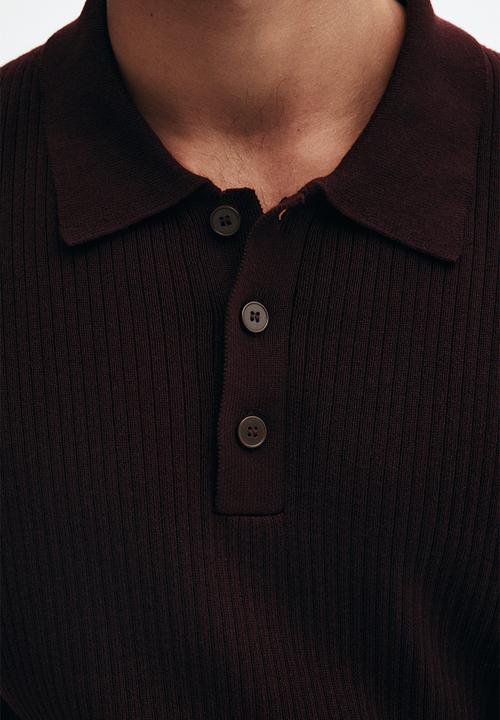H&M - Slim fit rib-knit polo shirt - dark burgundy