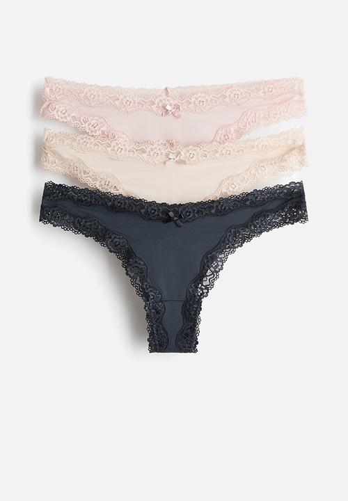 H&M - 3-pack microfibre and lace brazilian briefs - navy blue/light beige