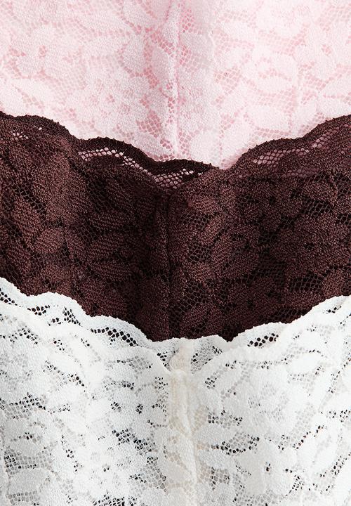 H&M - 3-pack cotton and lace thong briefs - white,brown,pink