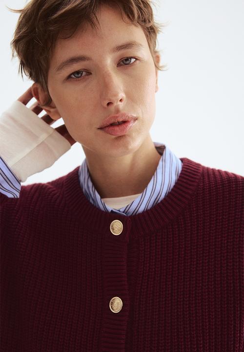 Rib-knit cardigan - burgundy - 1248631012