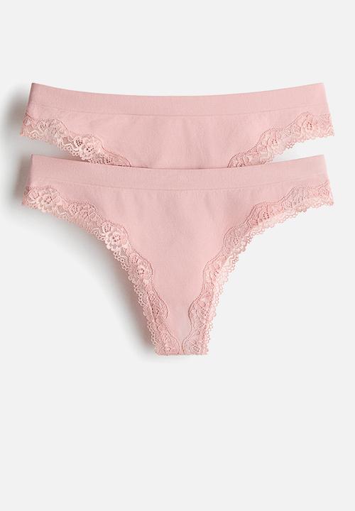 H&M - 2-Pack seamless lace-trimmed thong briefs - light pink